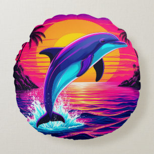 Farbiger Delfin Lebendiger tropischer Sonnenunter Rundes Kissen
