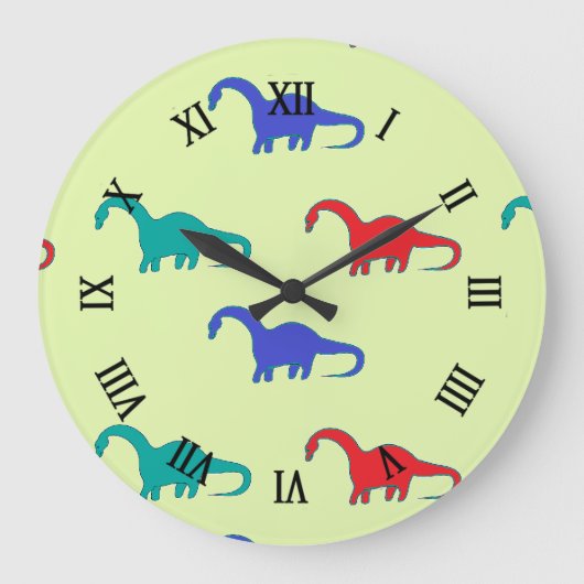 Farbiger Dino auf Grün Große Wanduhr (Vorderseite)