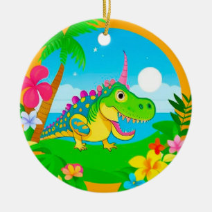 Farbiger Dinosaurier in einer tropischen Szene Keramik Ornament