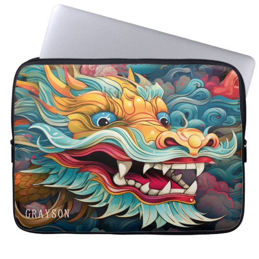 Farbiger Drache Moderner Personalisierter Name Laptopschutzhülle (Vorderseite)