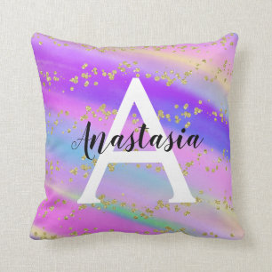 Farbiger Einhorn Regenbogen Gold Glitter Monogramm Kissen