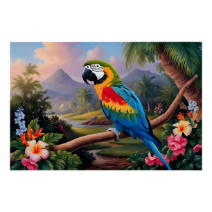 Farbiger exotischer Papageienvogel auf dem Ast  Poster