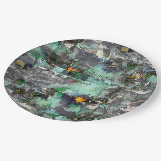 Farbiger Fake-Stein dominiert minzgrün bis grau Pappteller (Schrägansicht)