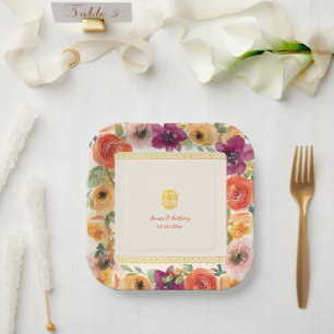 Farbiger floraler Rahmen Beige chinesische Hochzei Pappteller