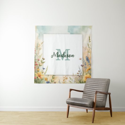 Farbiger Frühjahrsblumen-Wildblumen-Monogramm-Rahm Wandteppich (Beispiel)