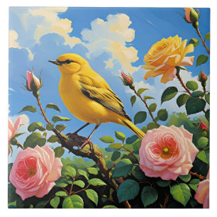 Farbiger gelber Vogel und hübsche rosa Rosen Fliese