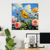 Farbiger gelber Vogel und hübsche rosa Rosen Poster (Heimbüro)