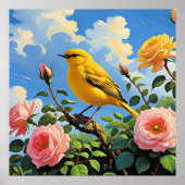 Farbiger gelber Vogel und hübsche rosa Rosen Poster (Vorne)