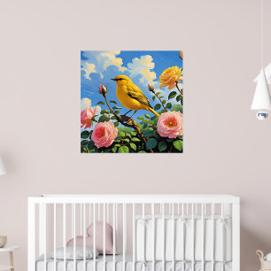 Farbiger gelber Vogel und hübsche rosa Rosen Poster