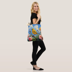 Farbiger gelber Vogel und hübsche rosa Rosen Tasche