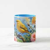 Farbiger gelber Vogel und hübsche rosa Rosen Tasse (Zentrum)