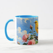 Farbiger gelber Vogel und hübsche rosa Rosen Tasse (Links)