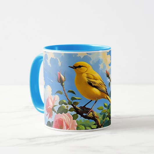 Farbiger gelber Vogel und hübsche rosa Rosen Tasse (Vorderseite Links)