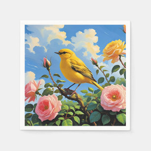 Farbiger Gelbvogel und hübsche rosa Rosen Serviette