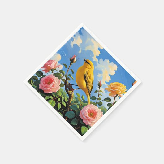 Farbiger Gelbvogel und hübsche rosa Rosen Serviette (Ecke)