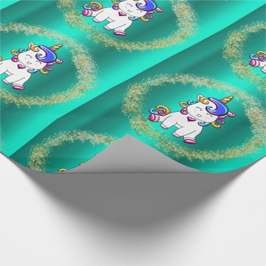 Farbiger Glitzer Einhorn Aquamarin Geschenkpapier (Ecke)