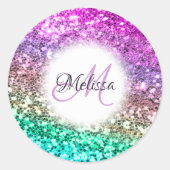 Farbiger Glitzer Mermaid Monogram Name Runder Aufkleber (Vorderseite)