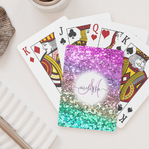 Farbiger Glitzer Mermaid Monogram Name Spielkarten