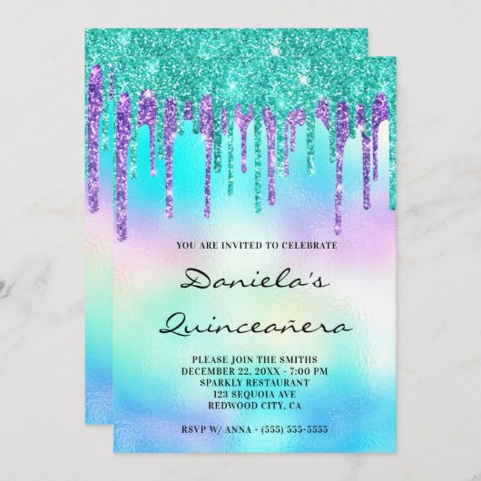 Farbiger Glitzer Tropfen Iridescent Quinceañera Einladung (Vorne/Hinten)