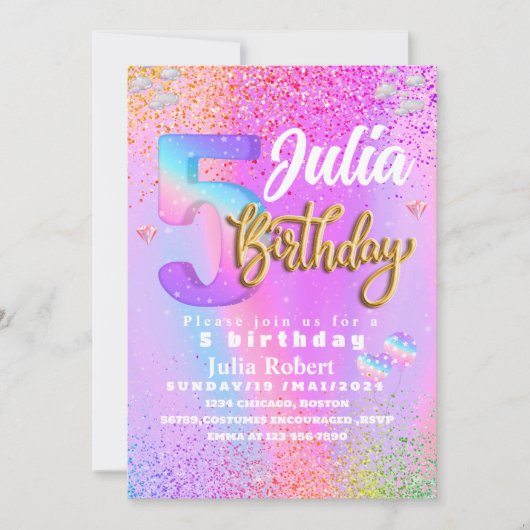 farbiger Glitzer Unicorn Regenbogen Fünf Geburtsta Einladung (Vorderseite)