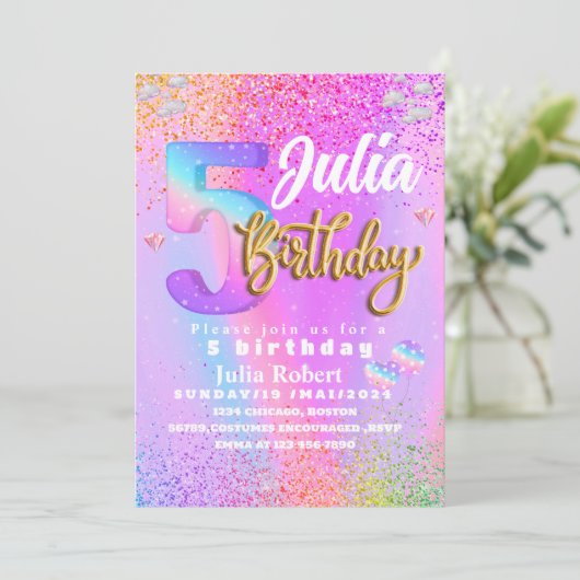 farbiger Glitzer Unicorn Regenbogen Fünf Geburtsta Einladung (Stehend Vorderseite)
