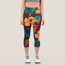 Farbiger Hibiskus, gelb-orange-grüne Blüte Capri Leggings