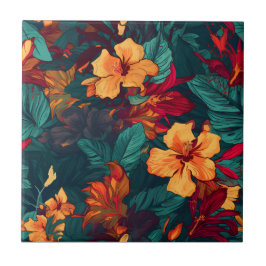 Farbiger Hibiskus, gelb-orange-grüne Blüte Fliese