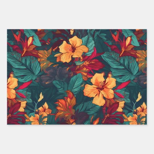 Farbiger Hibiskus, gelbe Orangenblüte, Set von 3 J Geschenkpapier Set (Vorderseite 2)