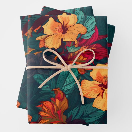 Farbiger Hibiskus, gelbe Orangenblüte, Set von 3 J Geschenkpapier Set (Beispiel)