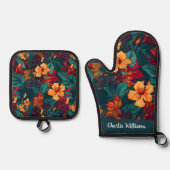 Farbiger Hibiskus Gelborange Grün Ofenhandschuh & Topflappen-Set (Vorderseite)