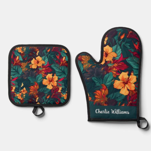 Farbiger Hibiskus Gelborange Grün Ofenhandschuh & Topflappen-Set (Vorderseite)
