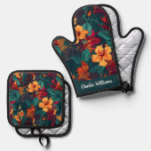 Farbiger Hibiskus Gelborange Grün Ofenhandschuh & Topflappen-Set (Vorderseite/Rückseite)