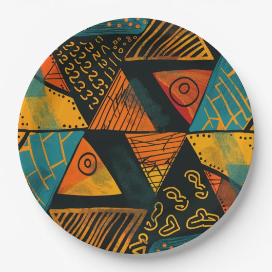 Farbiger Hintergrund mit afrikanischen Motiven Pappteller (Vorderseite)