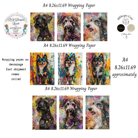 Farbiger Hund Abstract A4 Geschenkpapier Decoupage Set