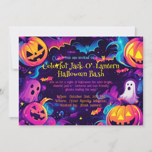 🎃 farbiger Jack-O’-Lantern Halloween-Bash Einladung (Vorderseite)