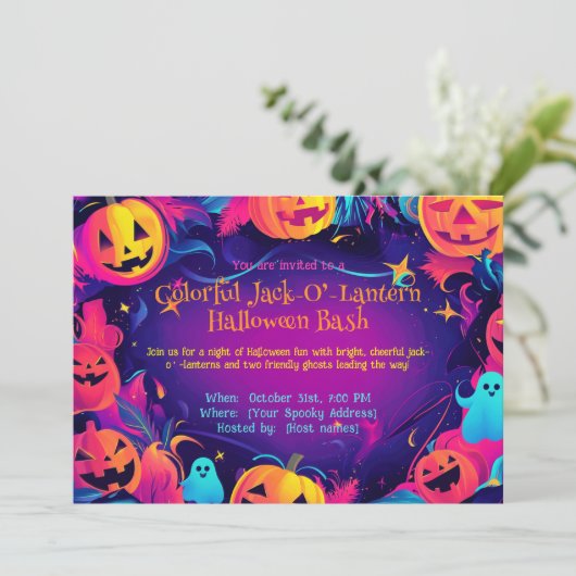 🎃 farbiger Jack-O’-Lantern Halloween-Bash Einladung (Stehend Vorderseite)