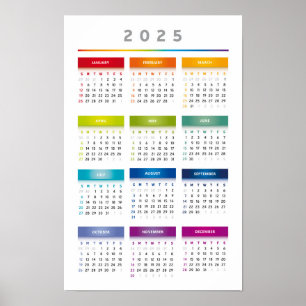 Farbiger Kalender 2025 - Regenbogenfarben 3 Spalte Poster