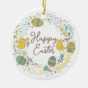 Farbiger Kranz aus fröhlichen Küken, Eiern und Gru Keramik Ornament