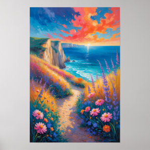 Farbiger Küstenpfad mit Blumen und Ozeansicht Poster
