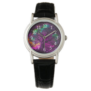 Farbiger Lila-Baum-Sterne-Universum-Kunstwerk   Armbanduhr