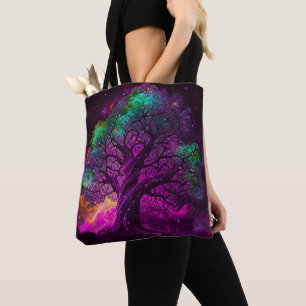Farbiger Lila-Baum-Sterne-Universum-Kunstwerk   Tasche