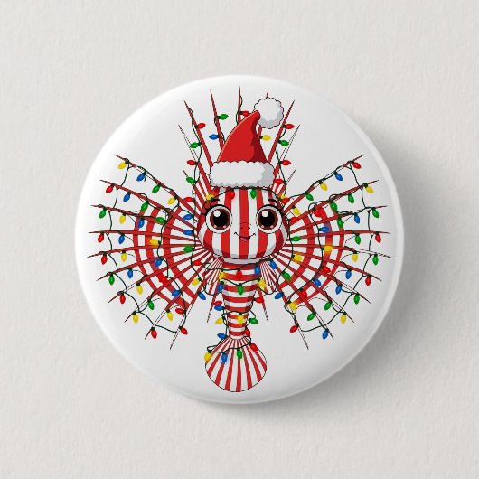 Farbiger Löwenfisch mit Weihnachtsmannmütze Button (Vorderseite)