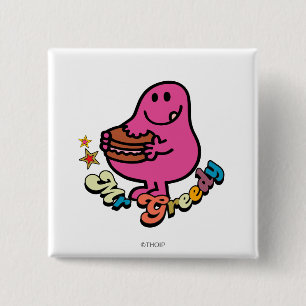 Farbiger Mr. Greedy beim Essen Button