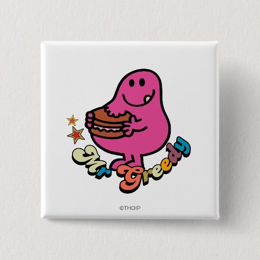Farbiger Mr. Greedy beim Essen Button (Vorderseite)