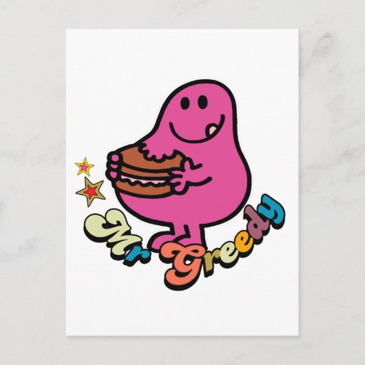 Farbiger Mr. Greedy beim Essen Postkarte (Vorderseite)