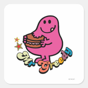 Farbiger Mr. Greedy beim Essen Quadratischer Aufkleber