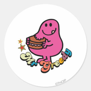 Farbiger Mr. Greedy beim Essen Runder Aufkleber