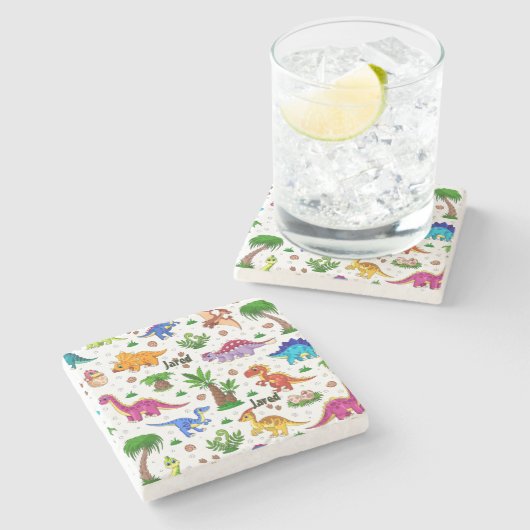 Farbiger Name Nahtloses Muster Dinosaurier Steinuntersetzer (Seitenansicht)