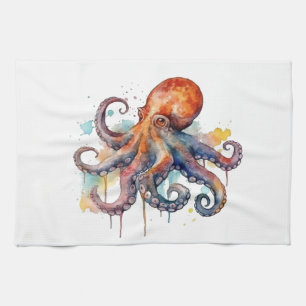 farbiger Oktopus in Aquarellfarbe große Augen Geschirrtuch