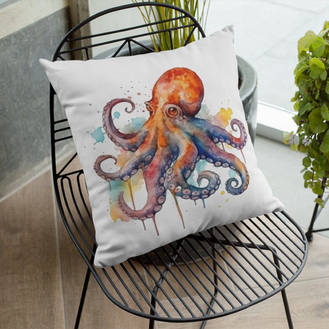 farbiger Oktopus in Aquarellfarbe große Augen Kissen (Von Creator hochgeladen)
